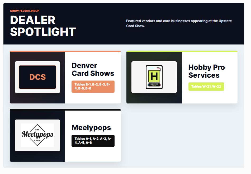 Dealer spotlight directory cards generated from the card show map vendor information