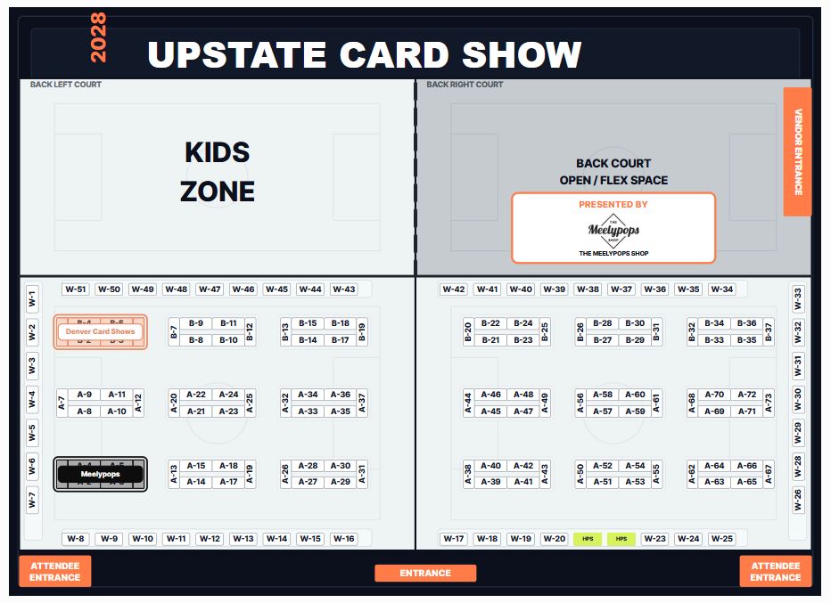 Public-facing card show floor map with vendor tables and sponsor areas